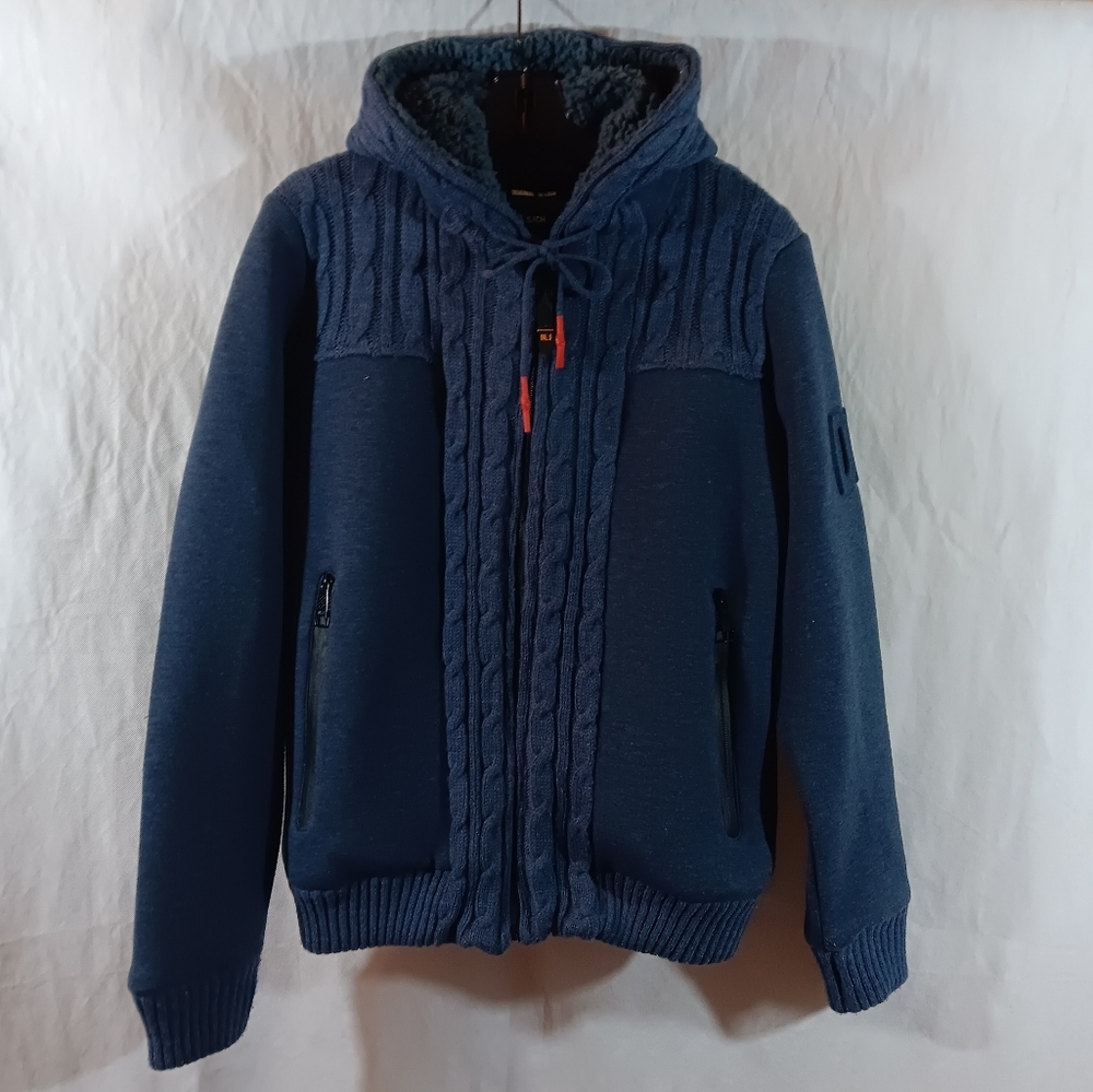 Dry Laundry Japan Mens Small Jacket Blue Hooded Cable Knit Faux Sherpa